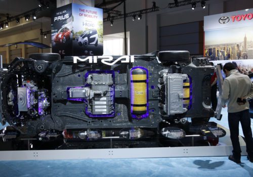 A visitor looks at the underside components of a Toyota Mirai hydrogen fuel cell vehicle at the Washington Auto Show in Washington January 29, 2016. REUTERS/Gary Cameron - RTX24Z1R